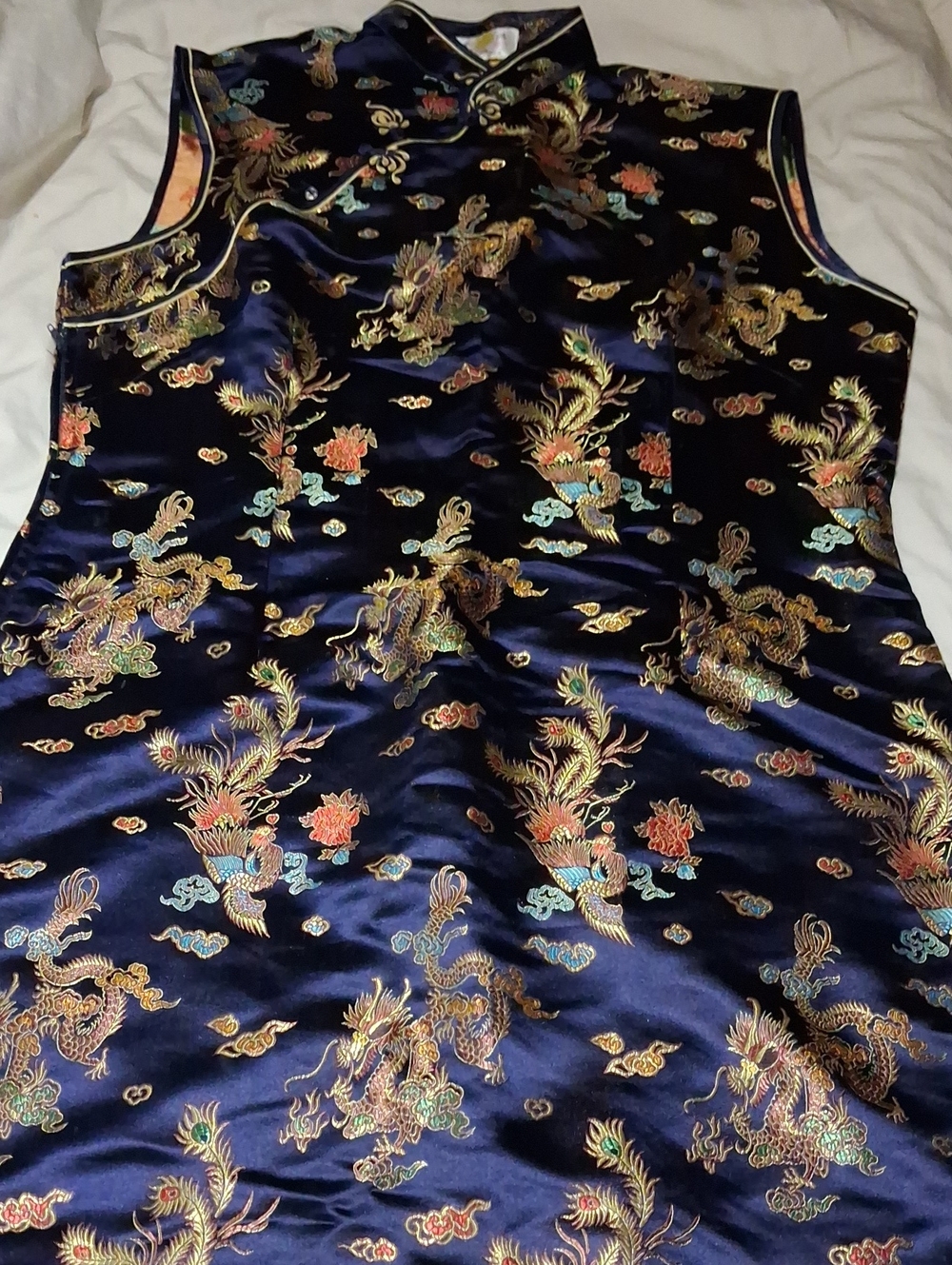 Silk Embroidered Navy Dragon Sleeveless Dress